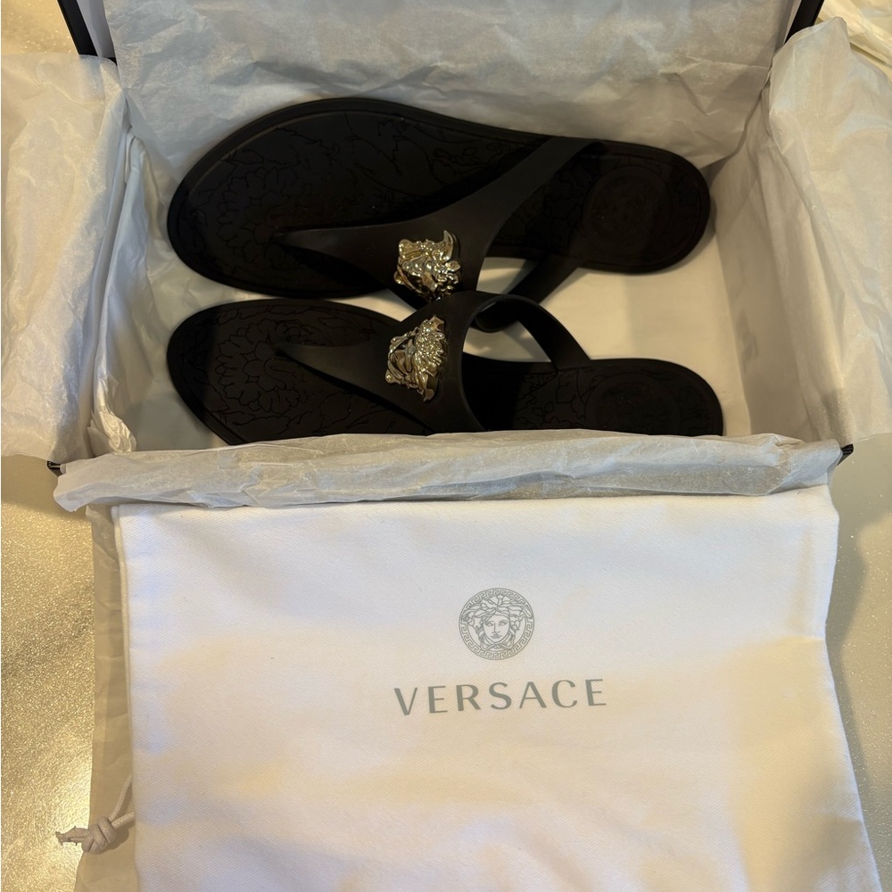 Versace Black Sandals with Gold Medusa Accent